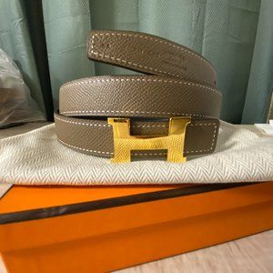 NEW Hermes Mini 5382 belt buckle & Reversible leather strap 24 mm / 85 cm Etoupe